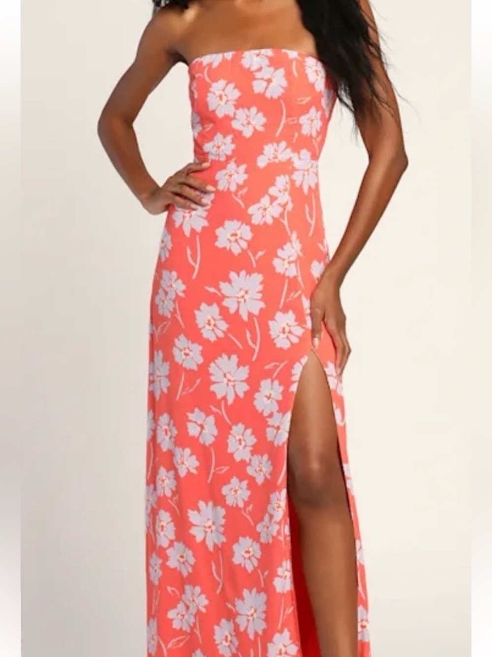 Lulu's Coral Floral Strapless Maxi Dress with Side Slit